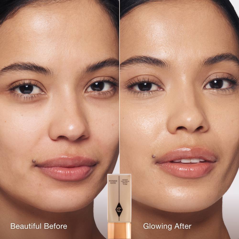  مقایسه تصویری چهره مدل پیش و پس از استفاده از پرایمر Wonderglow 